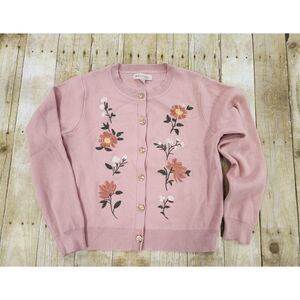 Philosophy Cardigan Pink Floral Embroidered M Rose Gold Buttons Cottage Feminine